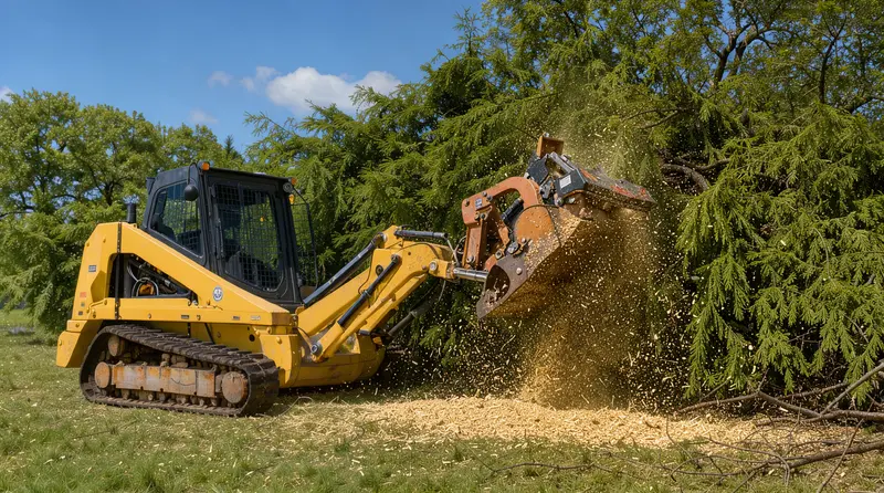Tracked skid steer forestry mulcher grinding cedar into mulch, land clearing in Marble Falls, TX