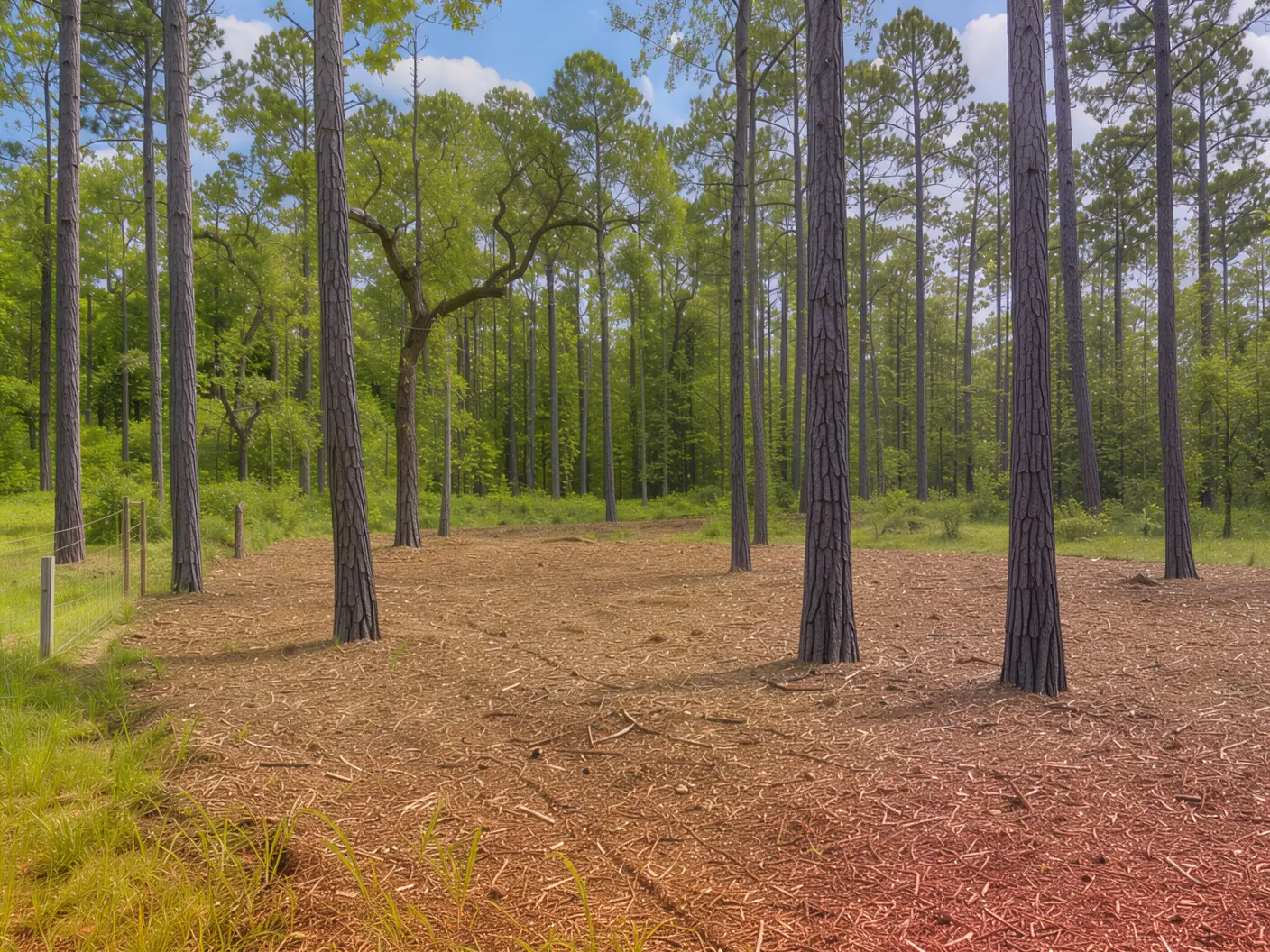 Pine stand after understory mulching, pines left standing on a mulch floor, pine understory in east texas