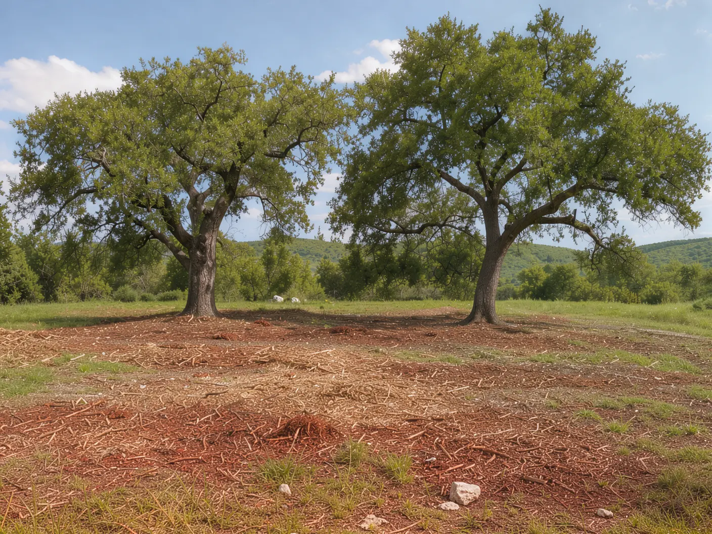 After selective cedar mulching: Live oaks on open ground after selective cedar mulching
