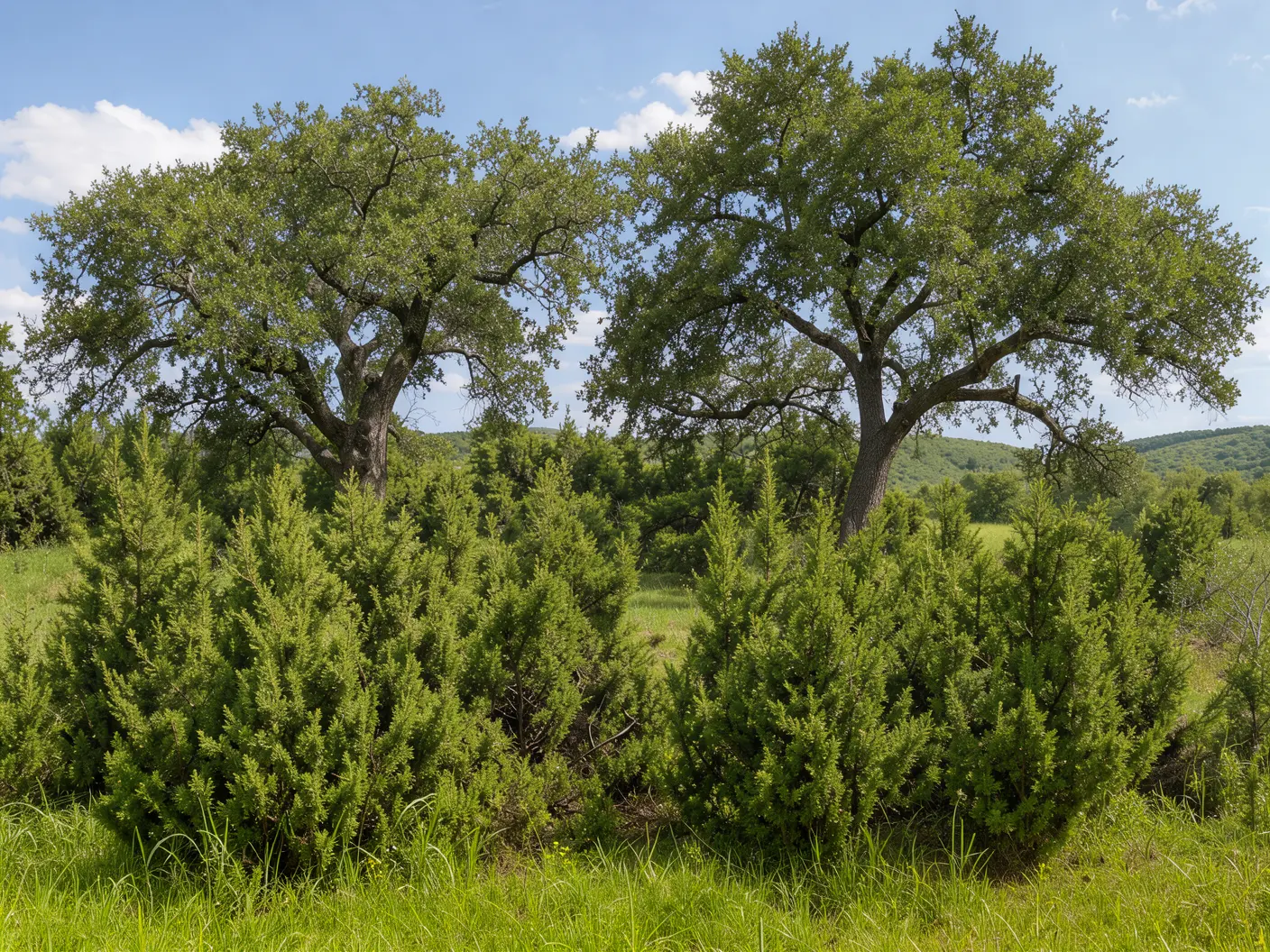 Before selective cedar mulching: Dense cedar growing under live oaks before clearing