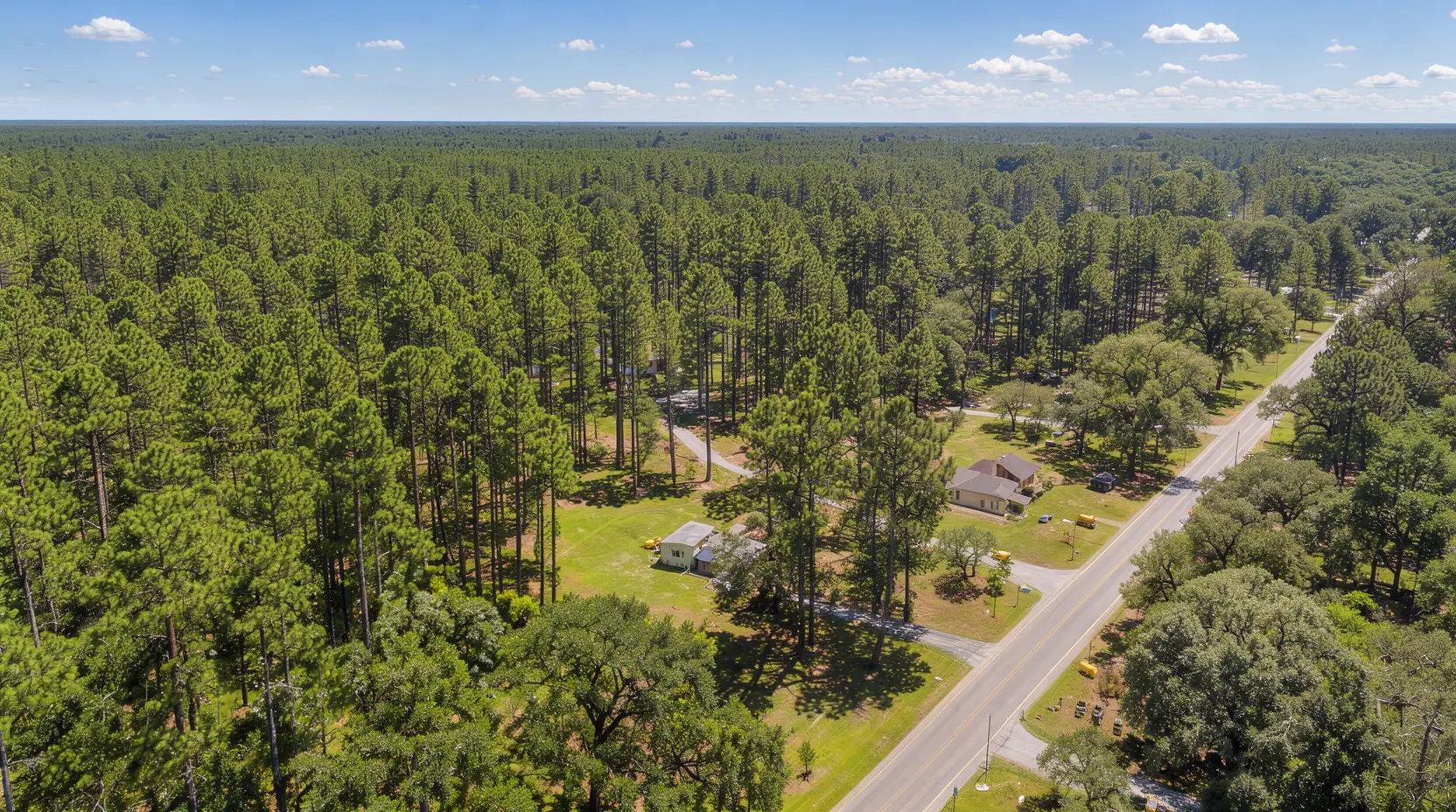 Aerial view of pine forest and rural homesites along a two-lane road, land clearing in East Texas, Texas