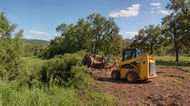 Skid steer with a grapple clearing brush along a pasture edge, land clearing in Gulf Coast, Texas