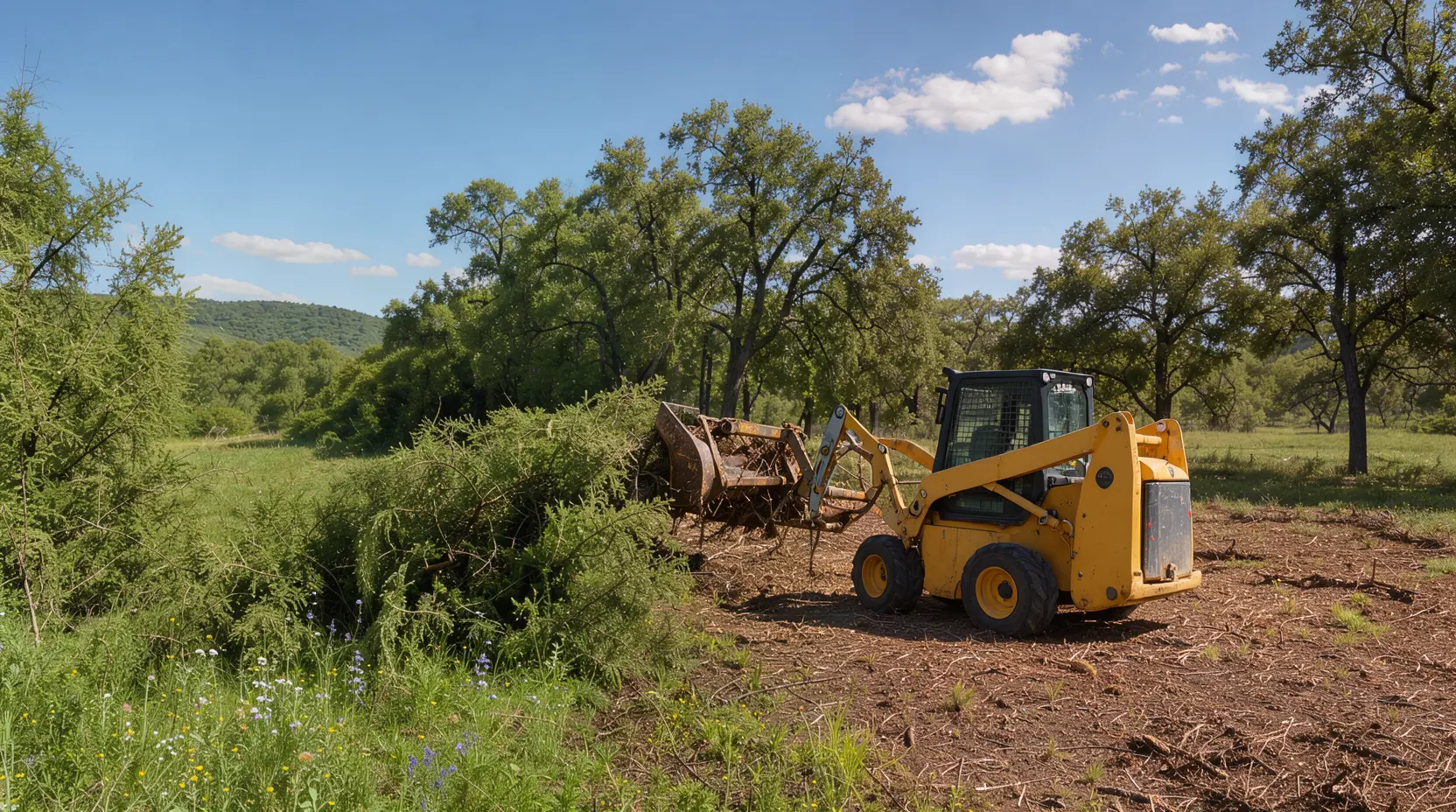 Skid steer with a grapple clearing brush along a pasture edge, brush clearing in Texas