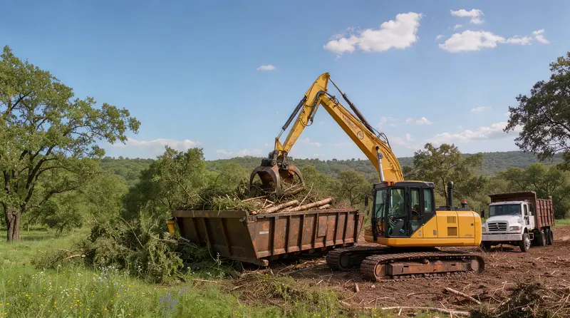 Excavator loading cleared brush into a haul-off trailer, land clearing in Corpus Christi, TX