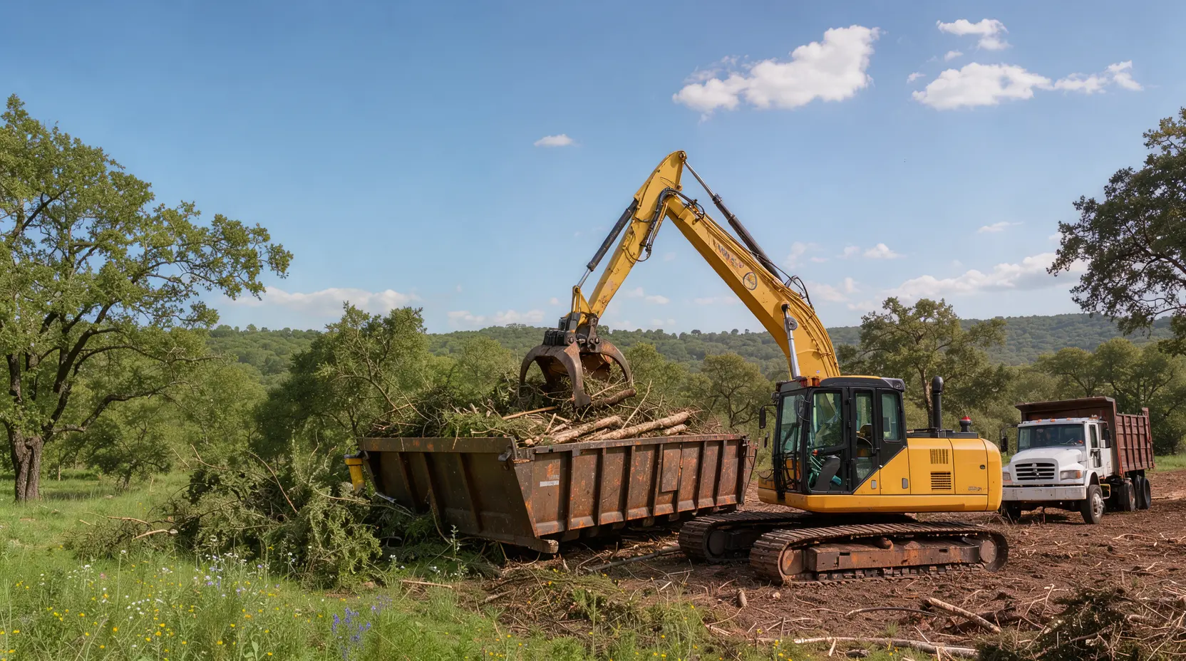 Excavator loading cleared brush into a haul-off trailer, land clearing in Corpus Christi, TX
