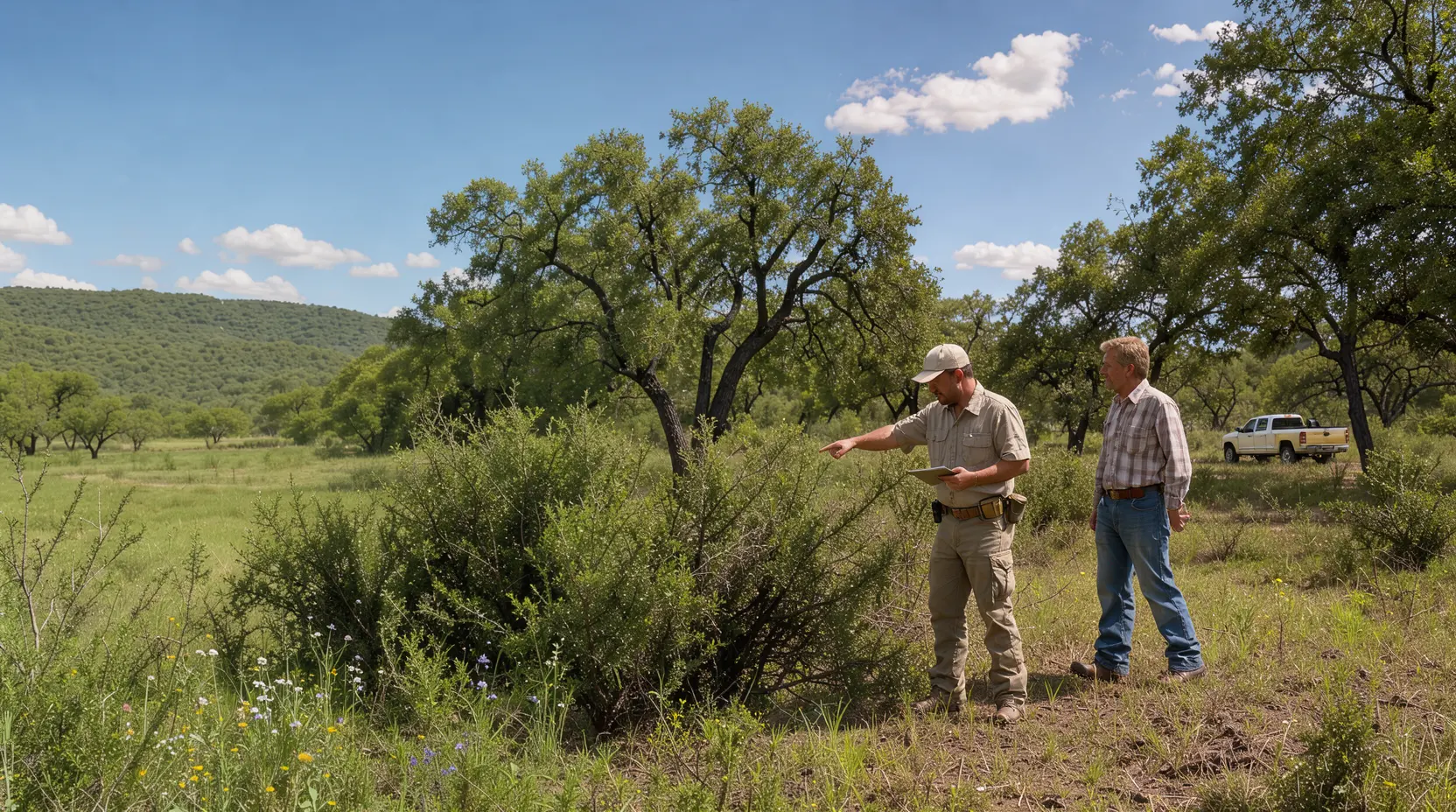 On-site estimate: two men looking over brush on a wooded tract, free on-site land clearing estimate in Texas