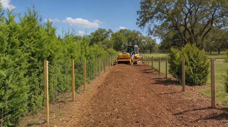 Fence line cleared through cedar with a mulcher on the strip, bush hogging in Texas