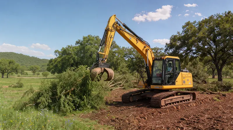 Excavator with a grapple piling cleared trees and brush, land clearing in North Texas, Texas