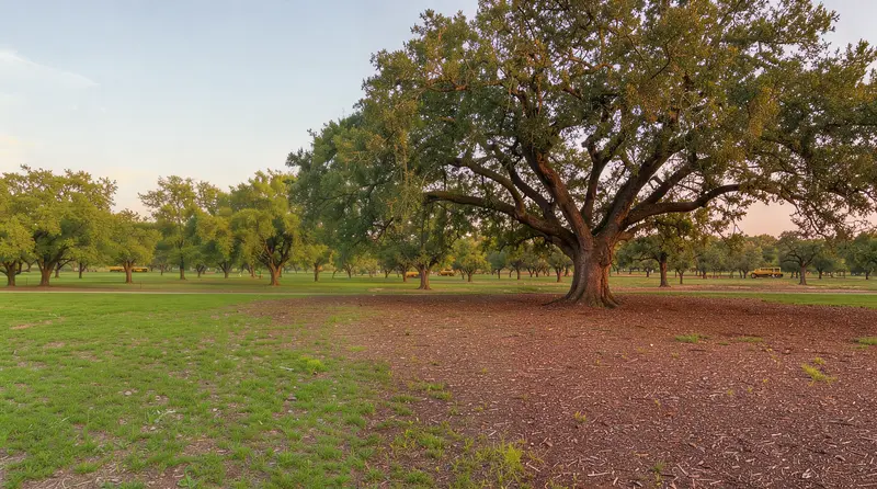 Live oak left standing on mulched ground after clearing, stump grinding in Texas