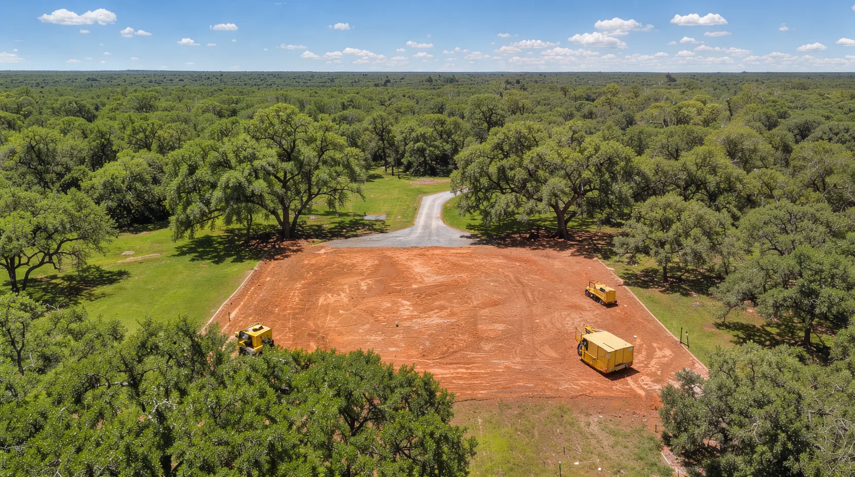 Aerial view of a cleared homesite pad cut into the woods, homesite lot in central texas