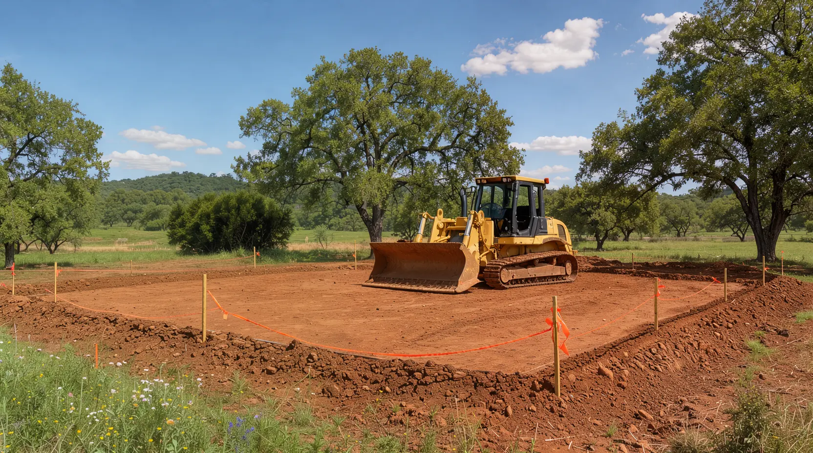 Dozer grading a staked building pad, land clearing in Ellis County, Texas