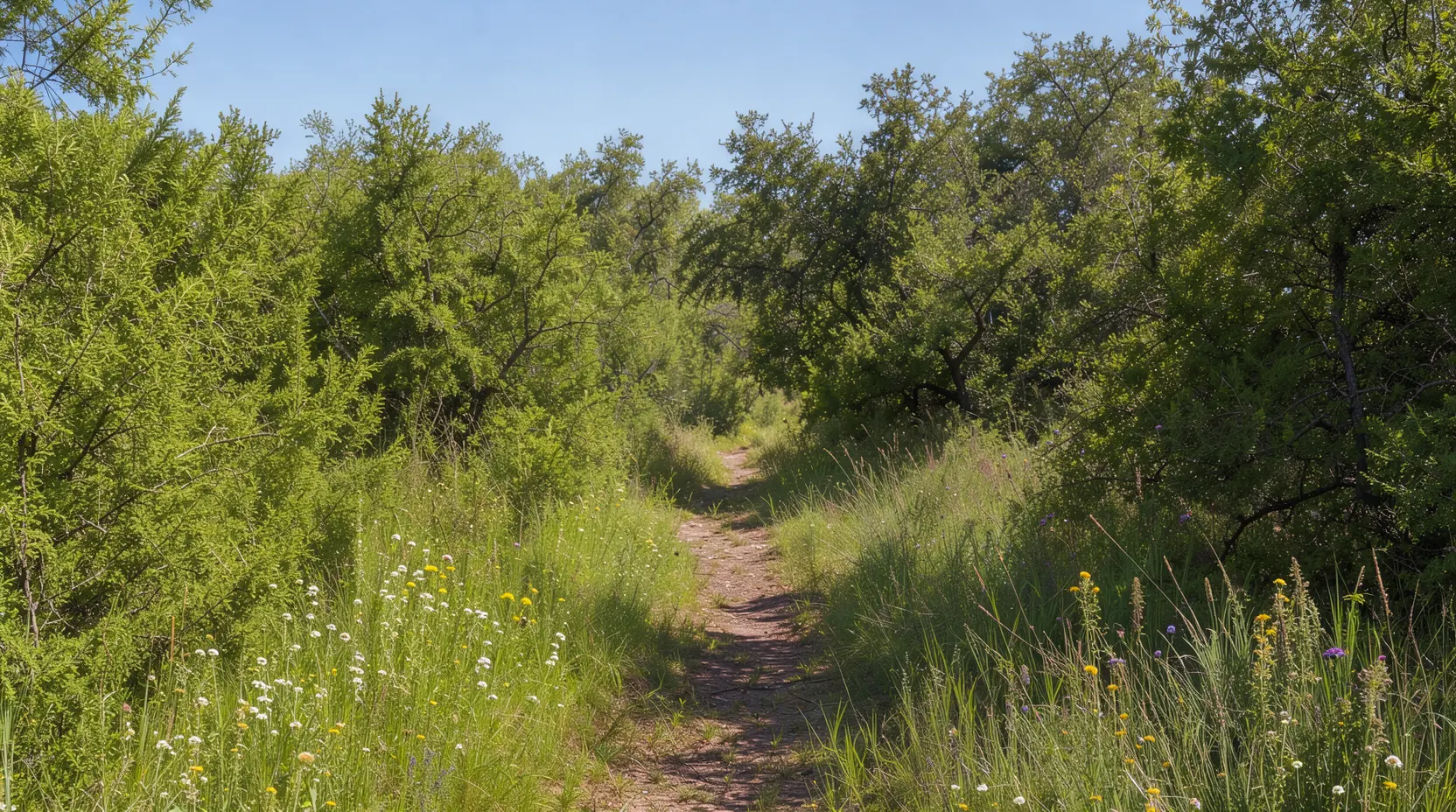 Overgrown brush thicket with a narrow trail through it, land clearing in Walker County, Texas