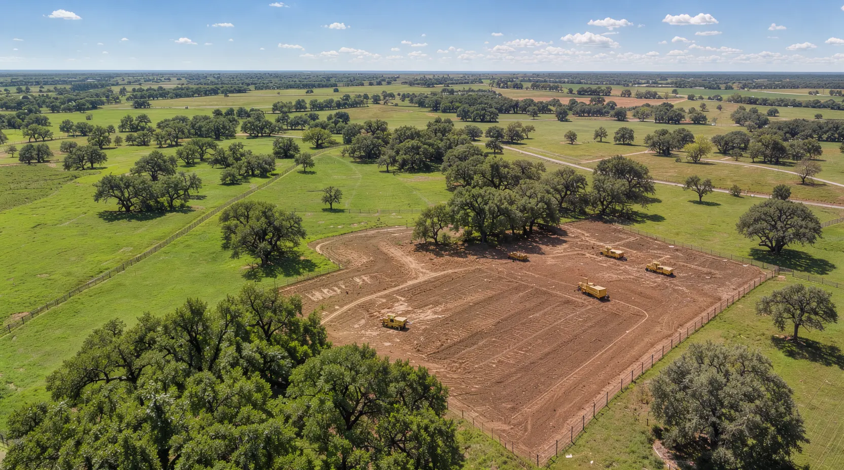 Aerial view of a cleared building site among pasture and oaks, land clearing in Central Texas, Texas